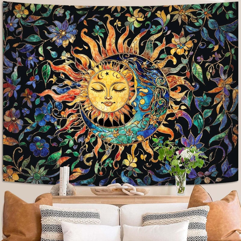 Aipon Sun and Moon Tapestry for Bedroom Boho Hippie Floral Wall Tapestry Aesthetic Vintage Stained Glass Plant Extra Large Tapestries Wall Hanging for Living Room Dorm 90 x 68 Inch - Image 2
